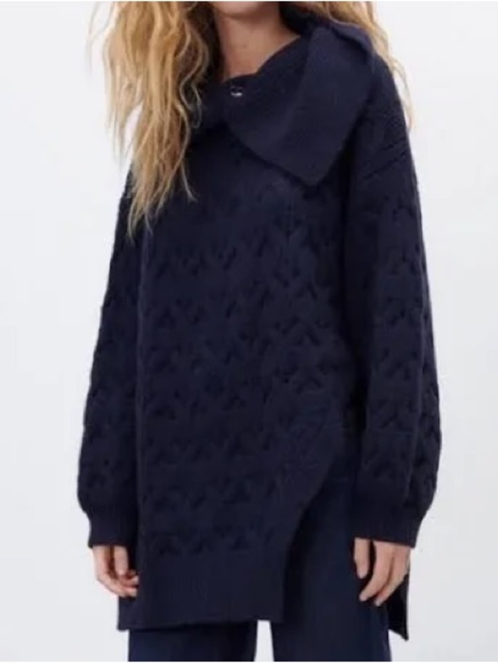 Zara Navy Cable-Knit Oversized Sweater with Asymmetric Collar